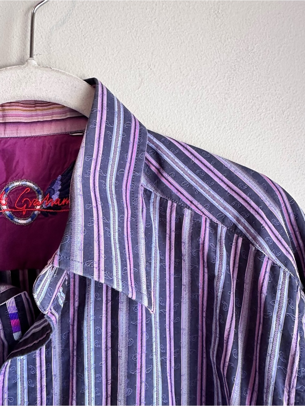 Robert Graham Striped Paisley Button Shirt Navy Purple Flip Cuffs